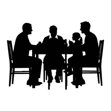 Siyah bir siluet masanın etrafında toplanmış bir aileyi tasvir ediyor. İki adam zıt taraflarda oturuyor ve aralarında bir çocuk var. Diğer tarafta başka bir adam oturuyor. Herkes sandalyeye otursun, objelerin olduğu masaya doğru dönük olsun.