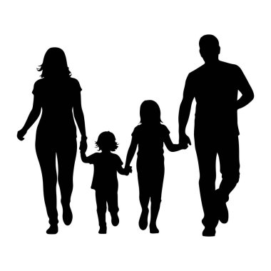 Dört kişilik bir ailenin siyah silueti birlikte yürüyor. Bir erkek ve bir kadın dışarıda, her iki tarafta da bir çocukla el ele tutuşuyorlar. Çocuklar kendi aileleriyle el ele tutuşuyorlar. Tüm figürler leften hareket ederek profille resmedilir