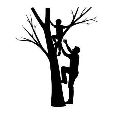 Siyah bir siluet, çıplak bir ağaca tırmanan bir babanın bir dala tünemiş bir çocuğa doğru uzandığını gösteriyor. Çocuk aşağı bakıyor ve kollarını uzatıyor. Ağacın kalın bir gövdesi ve beyaz bir sırta karşı açısal dalları vardır.