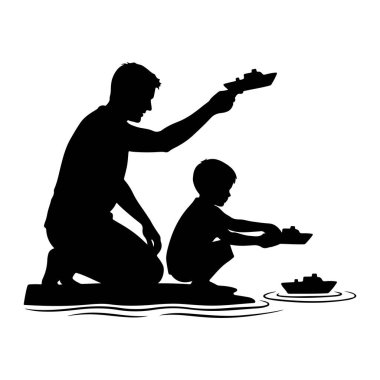 Siyah bir siluet, diz çökmüş bir baba ve suda oyuncak teknelerle oynayan çömelmiş küçük bir çocuğu tasvir eder. Baba uzanmış elinde oyuncak bir tekne tutarken, çocuk birini tutuyor ve başka bir tekne yakınlarda yüzüyor.