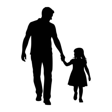 Siyah siluet bir adam ve genç bir kız el ele tutuşarak yürüyorlar. Adam solda, ve kız da sağda. İkisi de belden yukarısına doğru, tişört giyen adam ve elbise giyen kız resmedilmiş. Arkaplan lütfen.