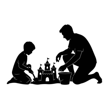 Siyah bir siluet, bir kumdan kale inşa etmekle meşgul beyaz bir zemin üzerinde diz çökmüş bir baba ve oğlu tasvir eder. Oğul, solda, kum yapısı üzerinde çalışmak için bir kürek kullanırken, baba, sağda, yakına bir kova yerleştiriyor. Kumdan kale...