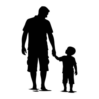Bir babanın siyah silueti ve küçük oğlu el ele tutuşuyor. Baba daha uzun boyludur ve ona dik dik bakan çocuğa bakar. Her ikisi de basit kıyafetlerle tasvir edilmiş, baba yakalı bir gömlek ve şort giymiş, ve oğlu da...
