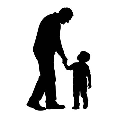 Küçük bir çocuğun elini tutan yetişkin bir adamın siyah silueti. Adam, çocuğa yukarıdan bakıyor, o da adama bakıyor. Beyaz bir arkaplanda duruyorlar..