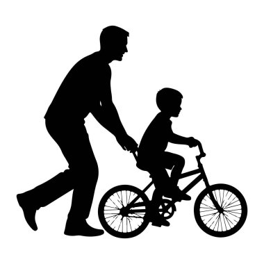 Siyah bir siluet bisiklet süren genç bir çocuğun arkasında yürüyen bir baba tasvir ediyor. Babanın elleri bisikletin arkasında, çocuk binmeyi öğrenirken onu destekliyor ve rehberlik ediyor gibi görünüyor. Sahne beyaz bir arka gruba karşı hazırlanıyor.