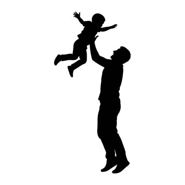 Bir babanın çocuğunu havaya fırlattığı siyah bir siluet. Çocuk, kollarını açmış bir şekilde tasvir ediliyor, uçuşun ortasında gibi görünüyor. Baba, kollarını kaldırmış, neşeli bir ifadeyle çocuğa bakıyor. Arka plan çok...