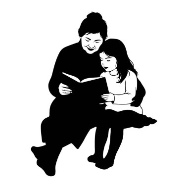 Siyah ve beyaz bir illüstrasyon, bir kitap okumaya dalmış bir büyükanne ve torununu birlikte otururken resmediyor. Saçları topuz şeklinde olan büyükanne, kolunu çocuğa dolamış. Her ikisi de gülümsüyor, bir sıcaklık ve bağlantı hissi veriyor..