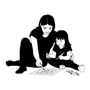 Siyah ve beyaz bir resimde bir anne ve küçük çocuğu yerde oturmuş çizim yaparken resmediliyor. Anne, koyu saçlı, bacak bacak üstüne atmış, bir kağıt parçasının üzerine eğilmiş. Elinde bir boya kalemi var ve görünüşe göre...