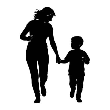 Bir kadın ve genç bir çocuğun el ele tutuşurken koştuğu siyah bir siluet. Kadın gülümseyerek çocuğa yukarıdan bakıyor. Arka plan bembeyaz..