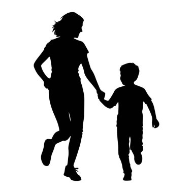 Siyah siluet bir kadın ve genç bir çocuk el ele tutuşarak koşuşturuyor. Kadın biraz daha uzun ve çocuğa önderlik ediyor gibi görünüyor. Her ikisi de beyaz bir arka planda profilden resmedilmiş. Giysileri çok basit.