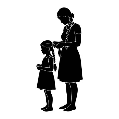 Kızının saçını ören siyah bir anne silueti. Anne ayakta duruyor ve görünüşe göre görevine odaklanmış durumda. Kız onun önünde duruyor, aşağıya bakıyor. İki figürün de saçları örgülü. Görüntü basit, grafik 
