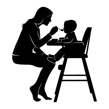 Siyah bir siluet yerde oturan bir anneyi, yüksek bir sandalyede bir bebeği kaşıkla beslerken resmediyor. Bebek bir tepside bir kaseyle oturuyor. Görüntü, ortak bir ebeveyn anının basit ve grafik bir temsilidir..