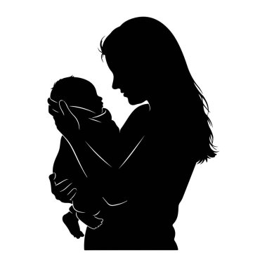 Bir annenin siyah silueti, beyaz arka planda yeni doğmuş bir bebeği kucağında tutuyor. Annenin profili, kollarında beşikteki bebeğe bakarken görülebiliyor. Bebek sarıldı ve sarıldı..