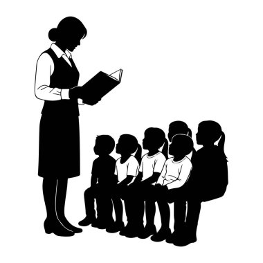 Yelek ve yakalı gömlekli bir kadının siyah silueti açık bir kitap tutuyor. Sıraya dizilmiş, ona bakan bir grup çocukla karşı karşıya geliyor. Çocuklar aynı zamanda siyah siluetler olarak tasvir ediliyorlar, basit kıyafetler giyiyorlar. Ka...