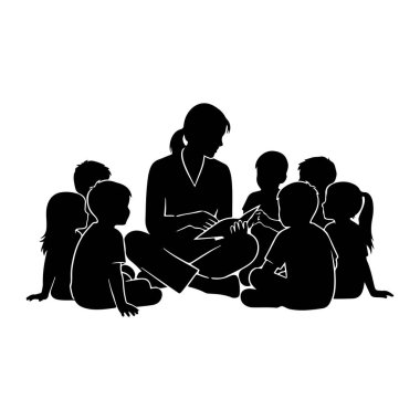 Siyah bir siluet bir öğretmeni bacak bacak üstüne atmış ve bir grup genç çocuğa kitap okurken resmediyor. Çocuklar öğretmenin etrafında oturuyorlar, ona bakıyorlar ve hikayeye özen gösteriyorlar. İllüstrasyon basit ve monokromatik, odaklan