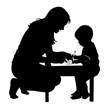 Siyah bir siluet, küçük bir masanın yanında diz çökmüş, masada oturan bir çocuğa bakan bir kadını gösteriyor. Her ikisi de bir kağıt parçasına boya kalemi çizerken kadın çocuğun eline rehberlik ediyor gibi görünüyor. Sahne basit ve bir anneyi tasvir ediyor.