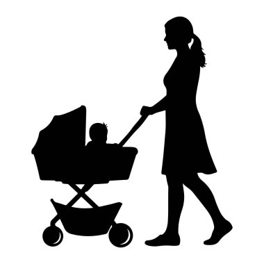 Yürüyen ve bebek arabasını iten siyah bir kadın silueti. Kadın yandan tasvir ediliyor, bir elbise giyiyor ve saçları at kuyruğu şeklinde. Bebek arabasında yine siluet şeklinde gösterilen bir bebek var. Görüntü düz beyaz bir ba 'ya göre ayarlanmış.