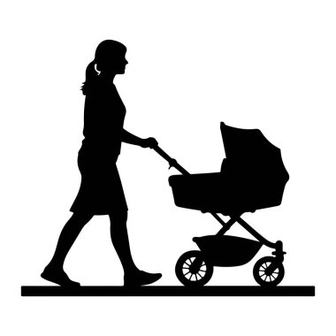 Siyah bir siluet, yürüyen ve bebek arabasını iten bir kadını tasvir ediyor. Kadının profili gösteriliyor, elbise giyiyor ve saçı arkadan bağlanmış. Bebek arabasının tepe örtüsü ve tekerlekleri var. Görüntü beyaz arkaplanda.