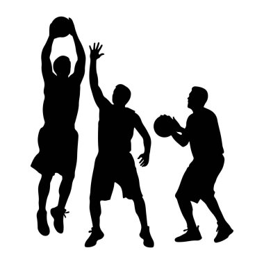 Beyaz bir arkaplan karşısında üç basketbolcunun siyah siluetleri. Bir oyuncu yukarıdan topla zıplıyor, diğeri gerilmiş bir kolla uzanıyor, ve üçüncüsü de elinde bir basketbol topu tutuyor. Rakamlar Dyna ile tasvir edilmiştir.