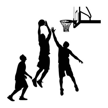 Beyaz bir arkaplan karşısında üç basketbolcunun siyah siluetleri. Bir oyuncu potaya doğru basket atmak için yükseğe zıplarken, diğer oyuncu şutu engellemek için zıplıyor. Sahada üçüncü bir oyuncu daha var.,