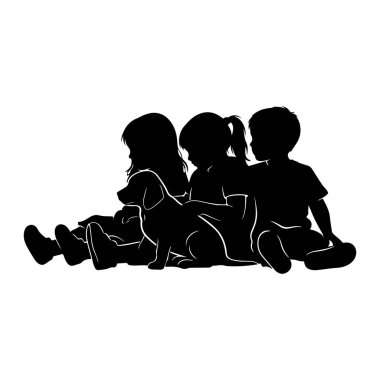 Üç çocuklu siyah bir siluet ve beyaz arka planda birlikte oturan küçük bir köpek. Çocuklar önlerinde köpekle yan yana konumlandırıldılar. Görüntü, temiz çizgileri olan basit bir grafik çizimi..