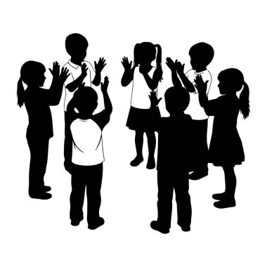 Yedi çocuklu siyah bir siluet bir çember içinde duruyor ve ellerini çırpıyor. Bazı çocuklar beyaz kesimli gömlekler giyiyorlar. Arkaplan düz beyaz.