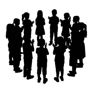 Bir grup çocuğun siyah bir silueti bir çember içinde duruyor ve ellerini çırpıyor. Çocuklar belden aşağısı tasvir edilmiş, boy ve saç şekillerinde bazı değişimler var, bu da farklı bir grubu işaret ediyor. Arka plan düz beyaz, vurgulu.