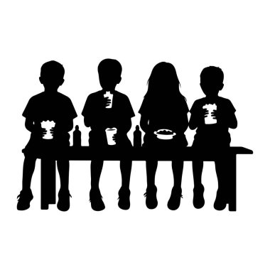 Siyah bir siluet bir bankta oturan dört çocuğu gösteriyor, her biri bir aperatif ve içecek tutuyor. Çocuklar belden aşağısı, bacakları sallanarak tasvir edilir. Sıradan bir açık hava yemeği ya da atıştırmalık molasından hoşlanıyor gibiler..