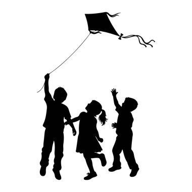 Beyaz arka planda uçurtmayla oynayan üç çocuğun siyah silueti. Uçurtma havada, çocuklardan birine bağlı bir iple tutuluyor. Diğer iki çocuk kollarını açmış uçurtmaya bakıyorlar. Sahne 