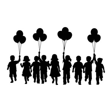 Siyah bir siluet, her biri bir grup balon tutan bir grup çocuğu birlikte koşarken resmediyor. Çocukların boyutları ve cinsiyetleri farklıdır, bazıları erkek ve diğerleri kız gibi görünmektedir. Orta basamakta tasvir ediliyorlar, hareket ve 