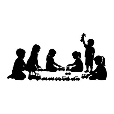 Siyah bir siluet oyuncak araçlarla oynayan birkaç çocuğu tasvir ediyor. Bazı çocuklar yerde oturup oyuncak arabalar ve oyuncak bir trenle etkileşim halindeler. Bir çocuk elinde oyuncakla ayakta duruyor. Sahne, beyaza karşı basit ve grafik bir şekilde hazırlanır.
