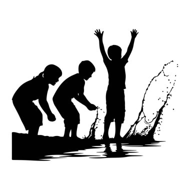 Üç çocuğun siluetleri suyla etkileşime girerken resmedilir. Soldaki çocuk eğilmiş, muhtemelen suyla oynuyor. Ortanca çocuk da eğilmiş, suyu kepçeleyip sıçratıyor. Sağdaki çocuk kollarını kaldırmış duruyor.