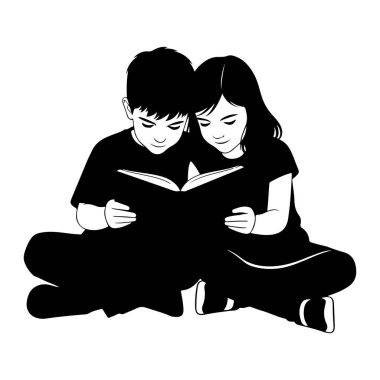 Siyah-beyaz bir illüstrasyon, bir kitap okurken birbirlerine yaslanmış, bacak bacak üstüne atmış genç bir kız ve erkek çocuğu tasvir ediyor. Kafaları birbirine yakın ve gözleri açık sayfalara odaklanmış. Görüntü bir siluet, sol ile