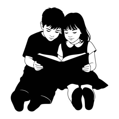 Siyah ve beyaz bir illüstrasyon, bir kitap okumaya dalmış, birbirine yakın oturan genç bir kız ve erkek çocuğu tasvir ediyor. Başları eğik, gözleri açık sayfalara odaklanmış. Oğlan tişört ve şort giyer, kız ise espritüel giyinir.