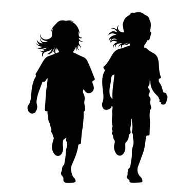 İki siyah çocuk silueti beyaz bir arkaplanda soldan sağa doğru koşarken tasvir ediliyor. İki çocuk da tişört ve şort giyiyor. Soldaki çocuğun saçları daha uzun, dalgalı, sağdaki çocuğun ise daha kısa saçı var. Onların... 