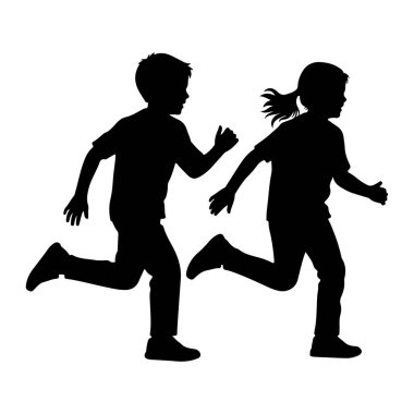 Beyaz bir arka planda yan yana koşan genç bir erkek ve kızın siyah silueti. Çocuk solda, kısa saçlı ve bir tişört ve pantolon giyiyor. Kız sağda, saçları at kuyruklu, ayrıca tişört ve tava giyiyor.