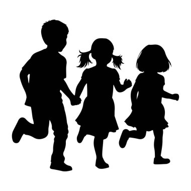 Üç çocuğun birlikte koştuğu siyah bir siluet. Soldaki çocuk tişört ve pantolon giyen bir çocuk. Ortanca çocuk, örgülü saçlı, elbise giyen bir kız. Sağdaki çocuk elbise giyen daha genç bir kız. Hepsi beklemede.