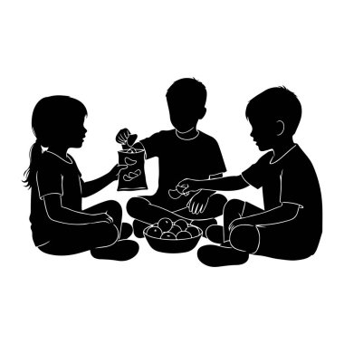 Siyah bir siluet, beyaz arka planda bağdaş kurmuş üç çocuğu resmediyor. Soldaki bir çocuk bir paket cipsi alıp merkezdeki başka bir çocuğa sunuyor. Ortadaki çocuk çantaya uzanıyor. Arasında c
