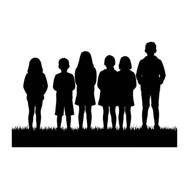 Altı çocuğun siyah siluetleri, beyaz bir arka plan karşısında bir çimen parçasının üzerinde sıralanır. Çocuklar belden yukarısına, değişik boy ve saç şekilleriyle tasvir ediliyor. Bu da yaş ve cinsiyetlerin karıştığını gösteriyor. Duruşları gündelik.