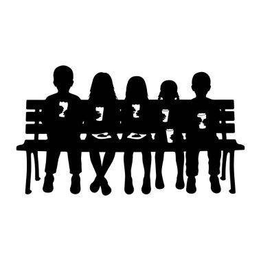 Siyah bir siluet, bir park bankında yan yana oturan beş çocuğu resmediyor. Her çocuk bir bardak ya da bardak tutuyor. Şekiller, beyaz arkaplana karşı basit ve grafik bir şekilde oluşturulmuştur. Sahne paylaşılan bir haz anı ya da...