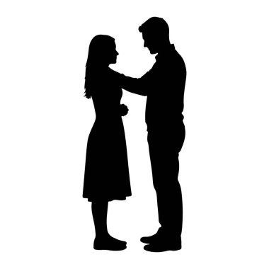 Ayakta duran ve kucaklayan bir kadın ve bir erkeğin siyah silueti. Adamın kolu kadının omuzlarına dolanmış, kadının da elleri onun önünde kenetlenmiş. Birbirlerine bakıyorlar ve birbirlerinin gözlerinin içine bakıyor gibi görünüyorlar. Geri kafalı.