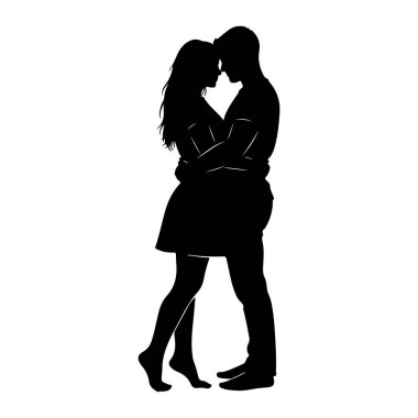 Yakından sarılan siyah bir çift silueti. Erkek ve kadın başlarını birbirine dolamış ve kollarını birbirlerine dolamışlar. Kadın kısa bir elbise giyiyor, erkek de tişört ve pantolon giyiyor. Bedenleri...