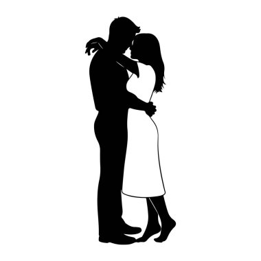 Sarılan bir çiftin siyah silueti. Adam solda, kollarını kadına dolamış. Kadın sağda, beyaz bir elbise giyiyor ve kolları erkeğin etrafında. Yüzleri birbirine yakın, yakınlık ve şefkat gösteriyorlar. Şey...