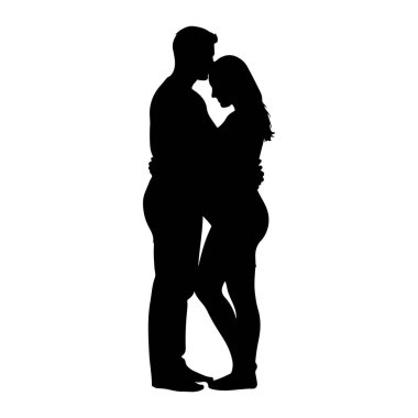Siyah bir siluet, kucaklaşan bir çifti resmediyor. Erkek kadının arkasında duruyor, kolları kadının etrafında ve alnında dinleniyor. Kadın kucağa doğru eğildi, başı hafifçe eğildi. Vücutları birbirine yakın, bir duygu aktarıyor.