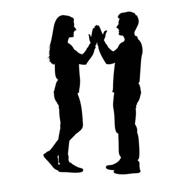 Siyah bir siluet. Bir adam ve bir kadın yüz yüze ve beşlik çakıyor. Elleri ortada birbirine kenetlenmiş ve vücutları iki yana yerleştirilmiştir. Arkaplan düz beyaz.