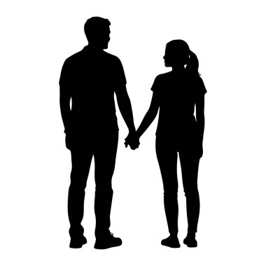 Beyaz bir arka planda duran ve el ele tutuşan bir erkek ve kadının siyah silueti. Adam solda, tişört ve kot pantolon giyiyor, ve kadın da sağda, ayrıca tişört ve kot pantolon giymiş, saçları at kuyruklu. Çok güzeller.