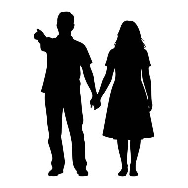 Yan yana duran ve el ele tutuşan bir çiftin siyah silueti. Soldaki adam parmağını sola doğru işaret ediyor. Sağdaki kadının uzun saçları var ve elbise giyiyor. İkisi de beyaz arka planda duruyorlar..