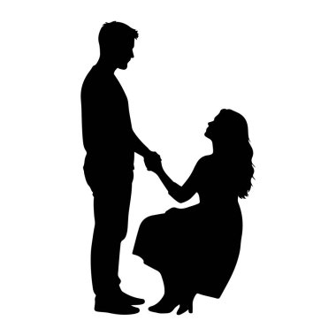 Diz çökmüş bir kadınla el ele tutuşan bir adamın silüeti. Kadın başını arkaya doğru eğmiş bir adama bakıyor. Sahne siyah beyaz olarak betimlenmiştir..