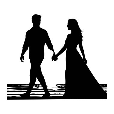 Siyah siluet bir adam ve bir kadın el ele tutuşup yürüyorlar. Adam gömlek ve pantolon giyiyor ve kadın uzun bir elbise giyiyor. Onlar stilize dalgalar ile su gibi görünen bir yüzey üzerinde yürüyorlar. Arkaplan beyaz.