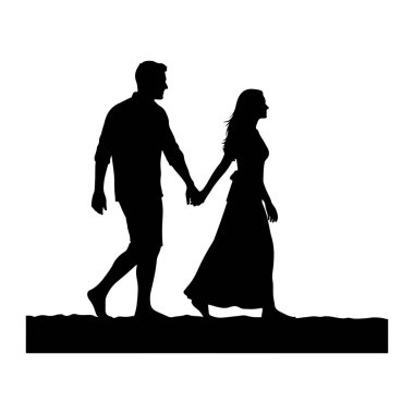 Siyah bir siluet, kumlu bir yüzeyde el ele yürüyen bir adam ve bir kadın. Kadın uzun bir elbise giyerken erkek şort ve gömlek giyiyor. Onların figürleri beyaz bir arka planda profil olarak tasvir edilir. Toprak onlar.